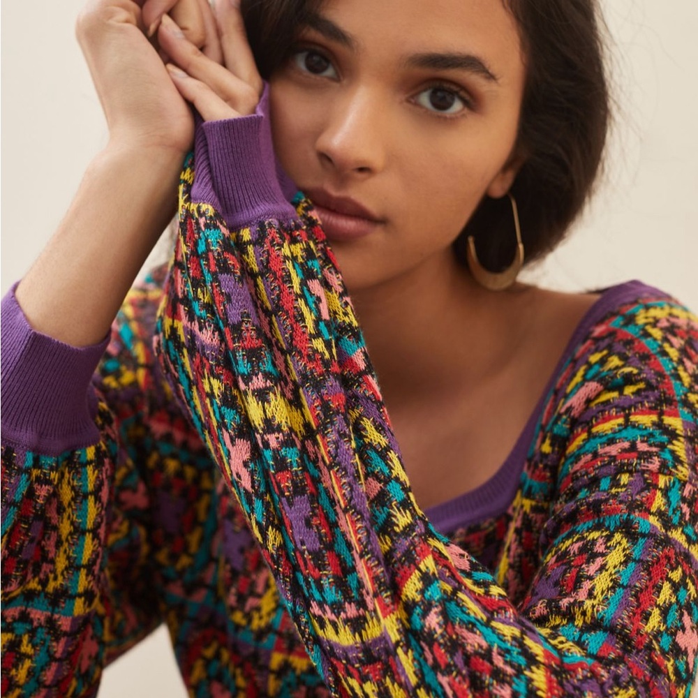 FARM Rio Multicolor Crochet Sweater with Purple Trim Sz M